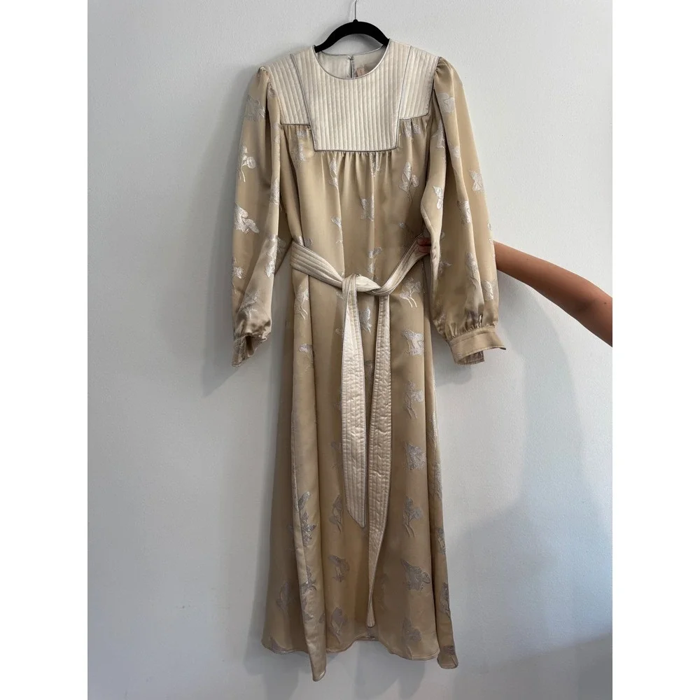 Tory Burch Mushroom Lurex Satin Gown Womens M Champagne Jacquard dress luxury - Picture 9 of 13